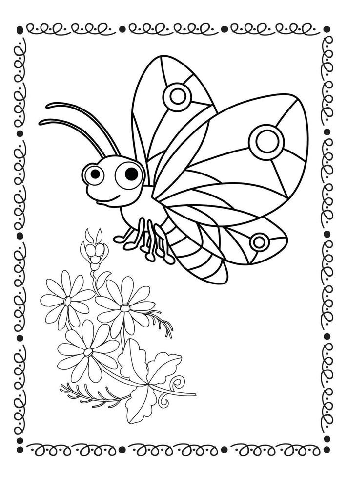 Flower And Butterfly Coloring Page For Kids vector