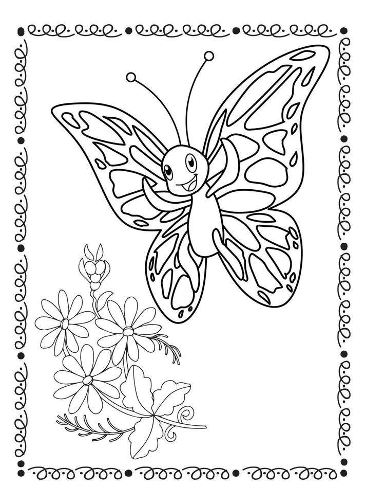 Flower And Butterfly Coloring Page For Kids vector