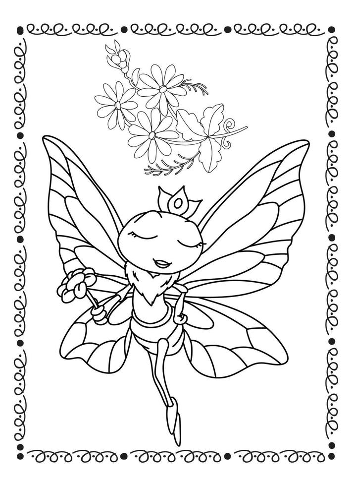 Flower And Butterfly Coloring Page For Kids vector