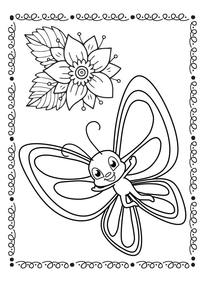 Flower And Butterfly Coloring Page For Kids vector