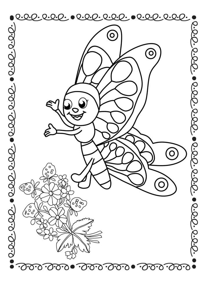 Flower And Butterfly Coloring Page For Kids vector