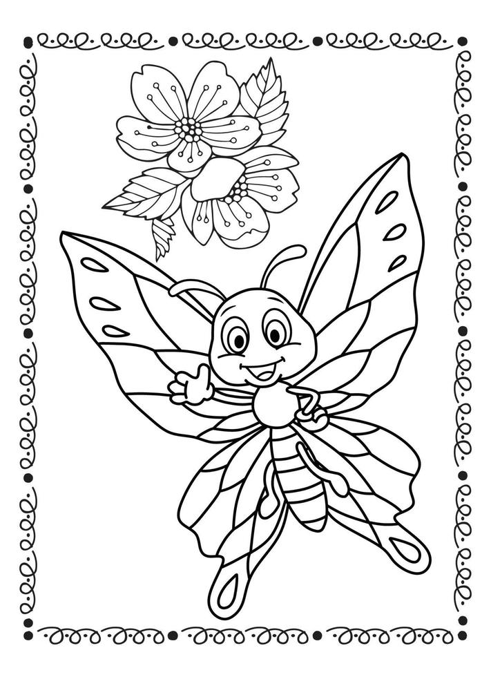 Flower And Butterfly Coloring Page For Kids vector