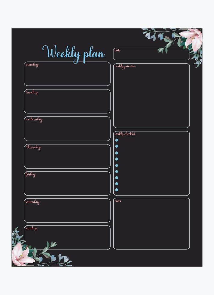 Weekly Planner With Flower In Black Background vector