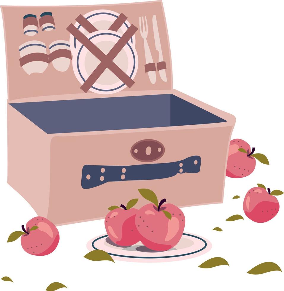 Picnic basket tablecloth and red apples flat. Vector illustration