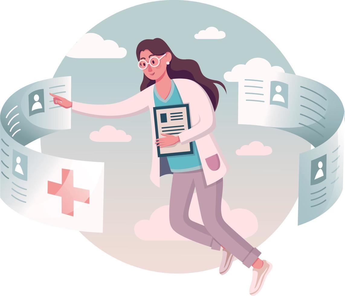 Receptionist nurse working on touch screen, Vector illustration, doctor character