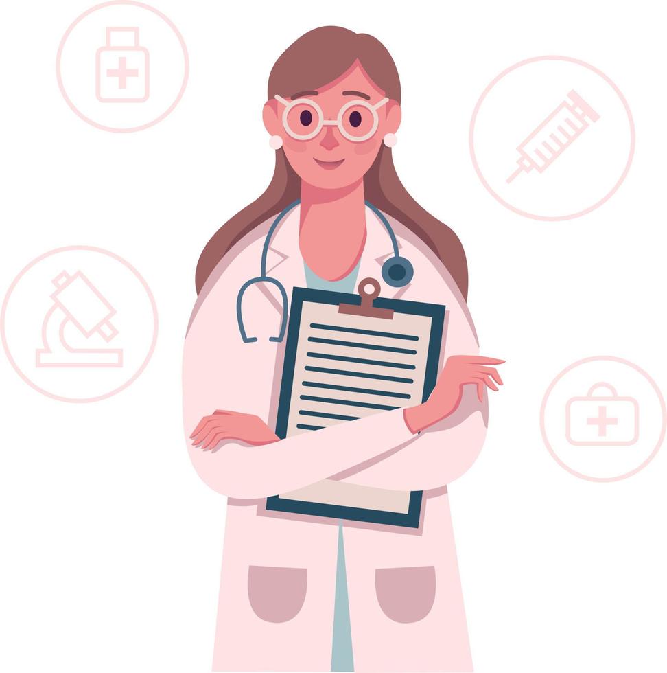 Doctor with statoscope holds outpatient card in her hands. Vector illustration