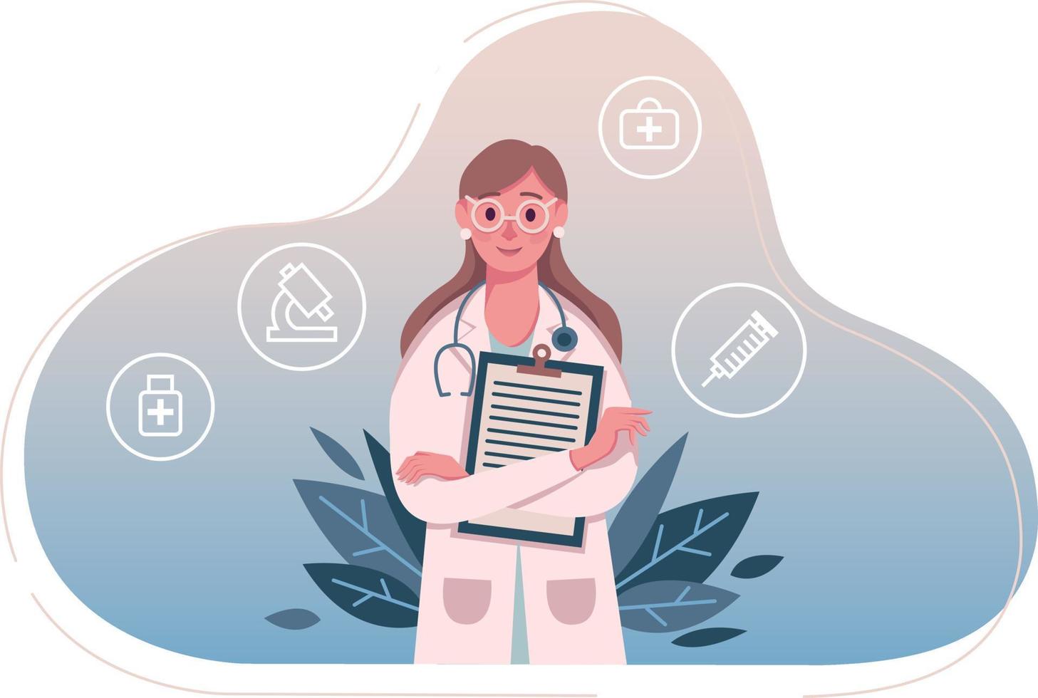 Doctor with statoscope holds outpatient card in her hands. Vector illustration