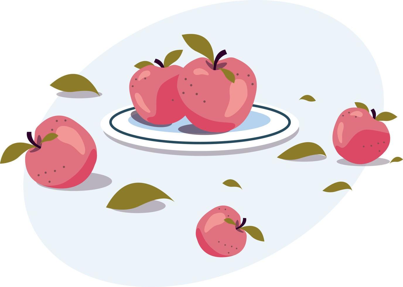 Red apples with leaves on a plate flat silhouette. Vector illustration