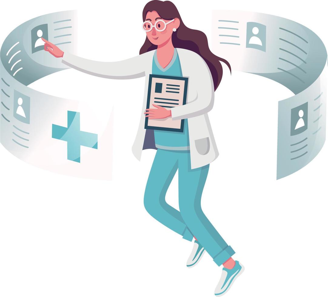 Receptionist nurse working on touch screen, Vector illustration, doctor character