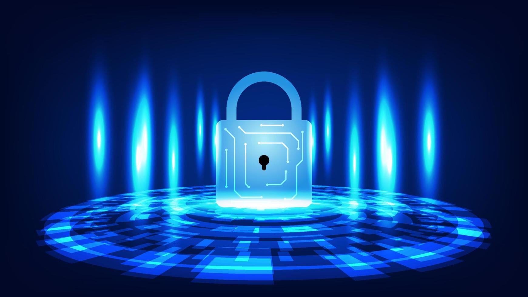 digital padlock with HUD virtual screen and blue lighting on dark background. cyber security technology and privacy data protection concept vector