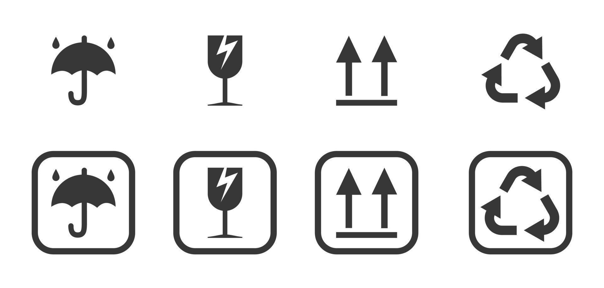 A set of packaging symbols, icons and marks. Recycling, Fragile, Keep dry, Upward, Handle with care, Recyclable. Isolated Black and white. vector