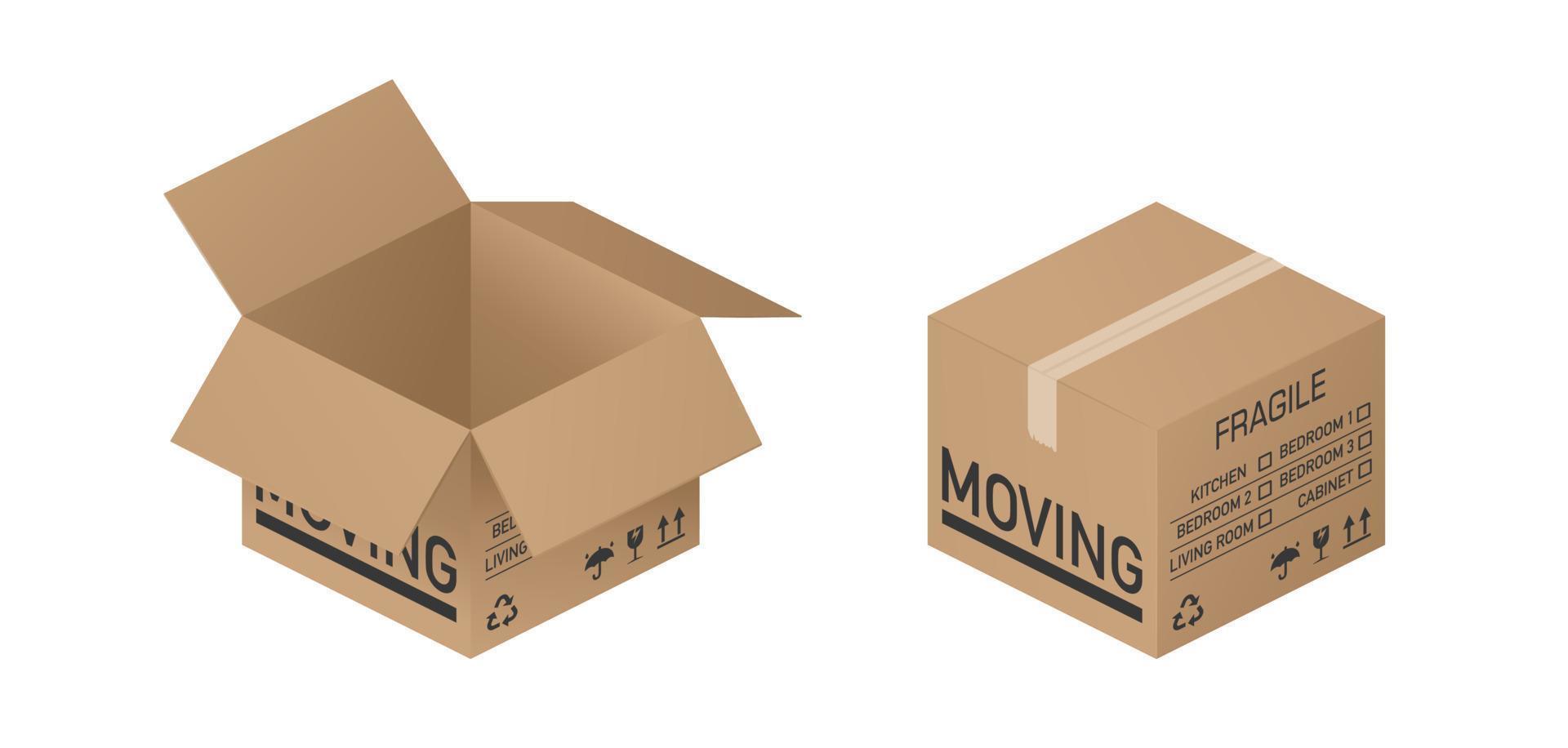 Isometric Cardboard box Isolated, Realistic. Open and closed with tape brown carton cardboard box with inscriptions Moving, Fragile, with marks Recyclable, Keep dry, Upward, Handle with care vector