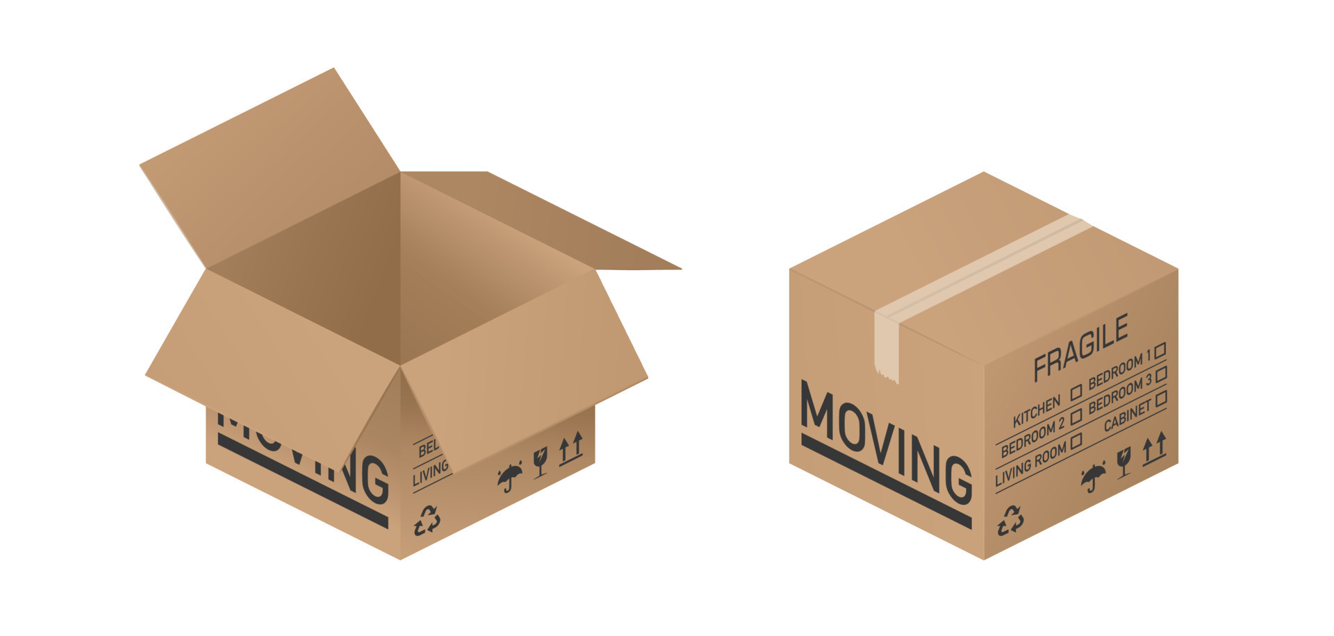 Isometric Cardboard box Isolated, Realistic. Open and closed with tape