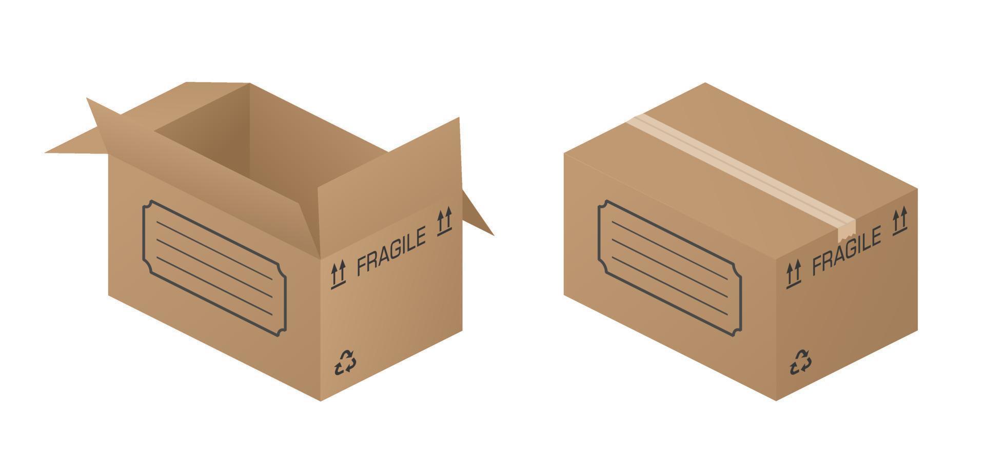 Isometric Cardboard box Isolated, Realistic. Open and closed brown carton cardboard box with inscriptions Fragile, recyclable with an empty field for inscriptions. Relocation, Moving, Retirement vector