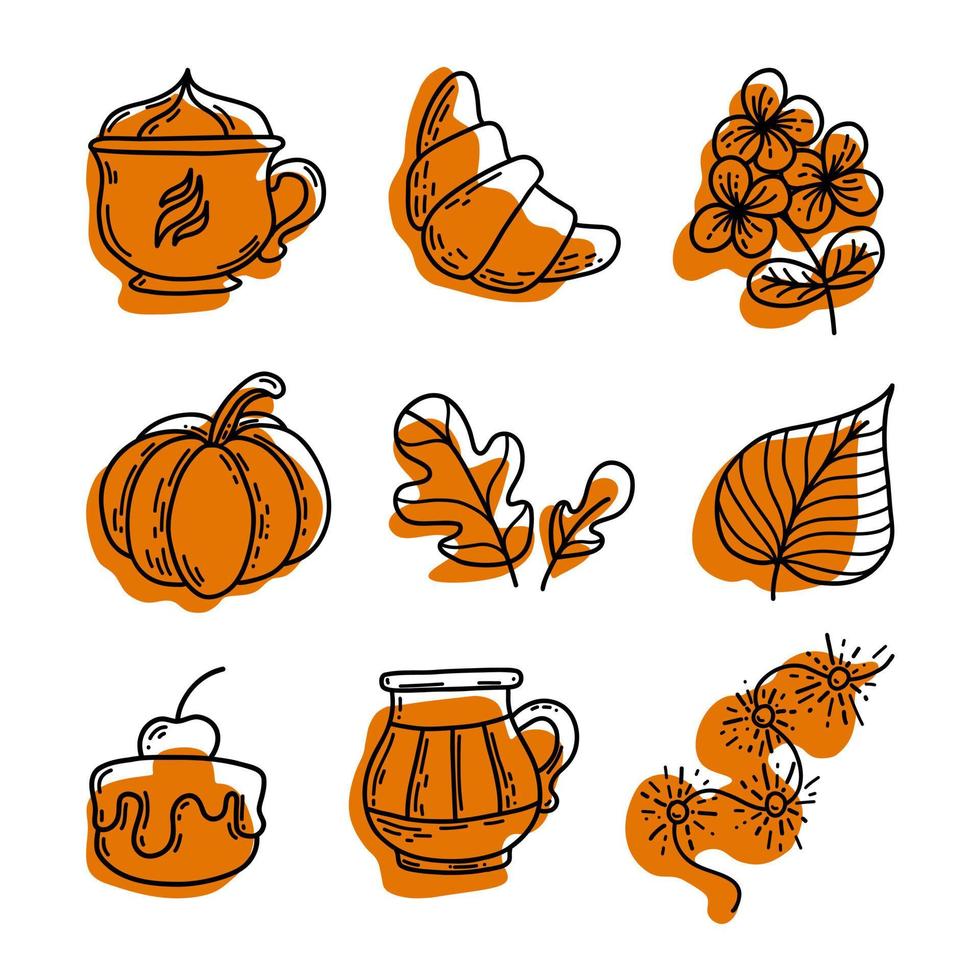 juego de otoño de fideos dibujados a mano. manchas naranjas colección de símbolos de otoño. guirnalda de elementos estacionales, calabaza, croissant, hojas, café, decantador, magdalena. vector