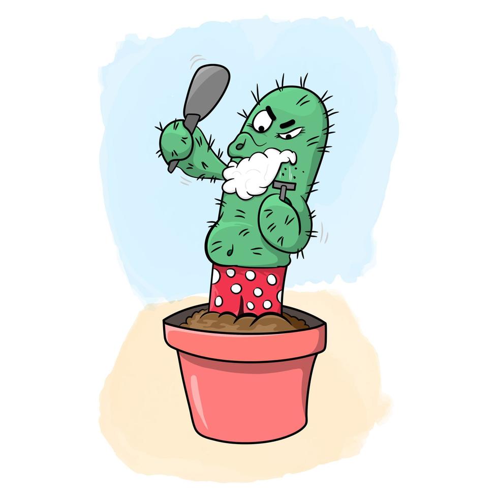 un cactus verde con pantalones cortos de lunares rojos se para en una  maceta, se mira en el espejo y se afeita el vello facial. ilustración  vectorial personaje animado 14162376 Vector en