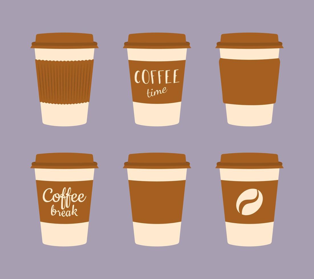 café para llevar tazas. diferente taza de café de papel para llevar. plantilla de maqueta para café, diseño de identidad de marca de restaurante. vector