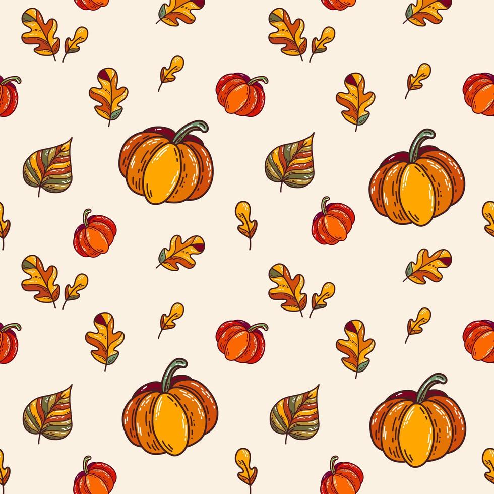 Doodle autumn seamless pattern. Hand drawn. Pumpkins and leaves in orange tones vector