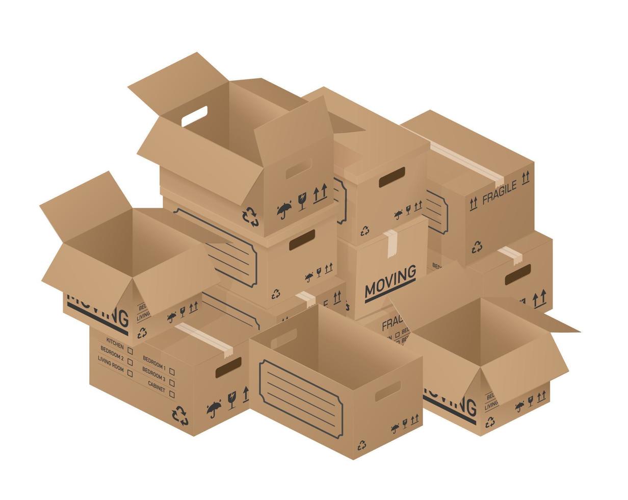 Pile of boxes. Open and closed brown carton cardboard boxes with inscriptions Fragile, recyclable, Keep dry, Upward, Handle with care. Vector illustration on the theme of moving