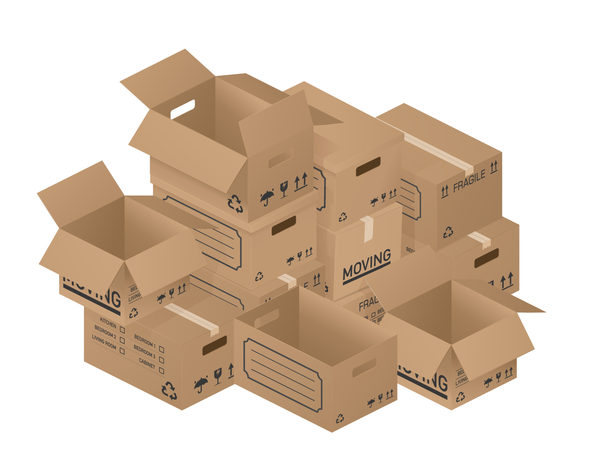 Pile of boxes. Open and closed brown carton cardboard boxes with