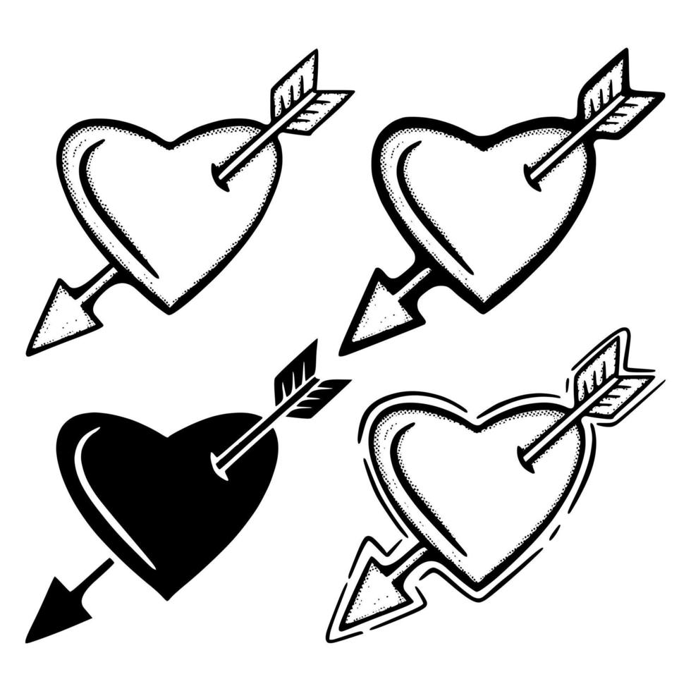 Collection set Heart arrow Illustration hand drawn sketch doodle for tattoo, stickers, logo, etc vector