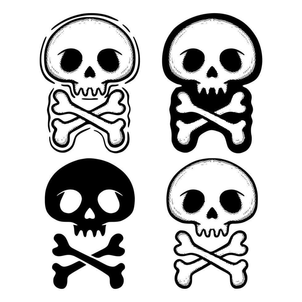 conjunto de colección cráneo ilustración de huesos cruzados boceto dibujado a mano garabato para tatuaje, pegatinas, logotipo, etc. vector