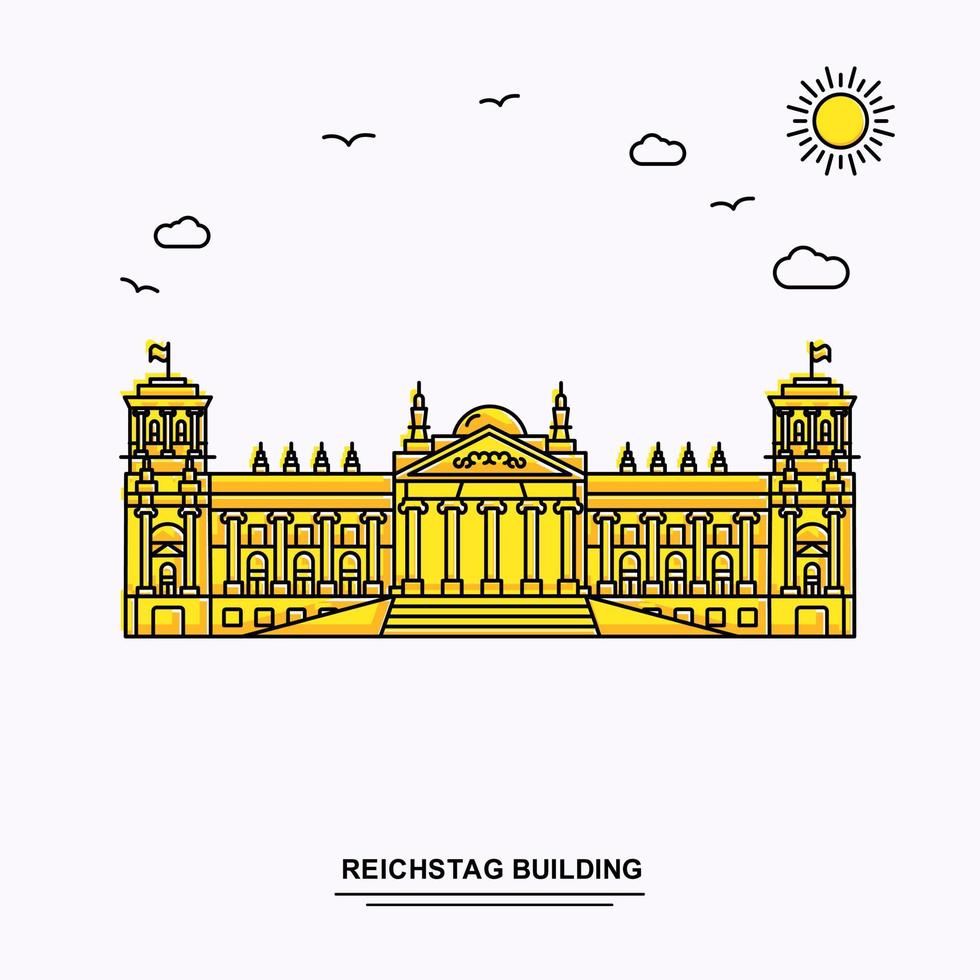 fondo de ilustración amarilla de viaje mundial de plantilla de póster de monumento de edificio de reichstag en estilo de línea con escena de naturaleza de belleza vector