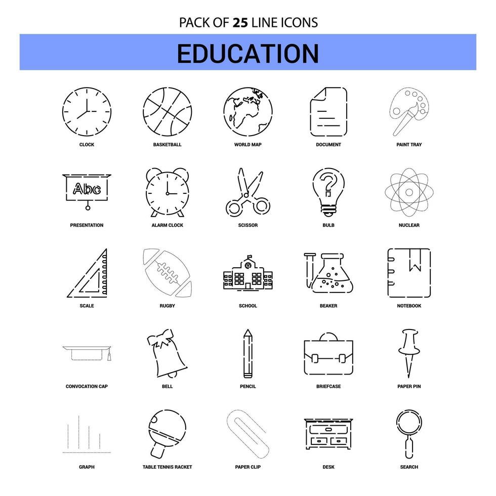 conjunto de iconos de línea de educación 25 estilo de contorno discontinuo vector
