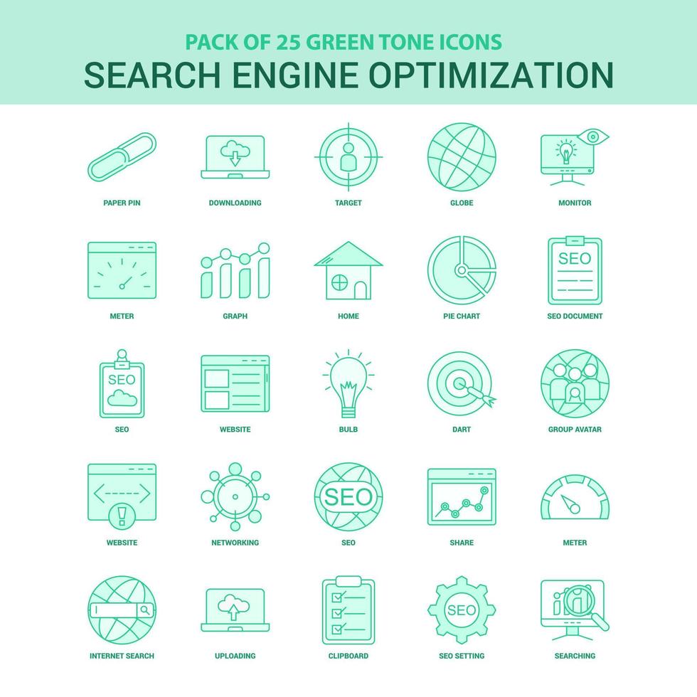 25 conjunto de iconos de optimización de motor de búsqueda verde vector