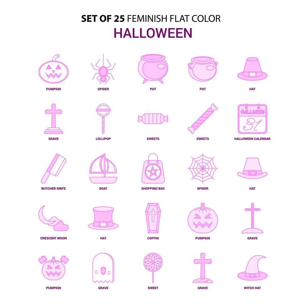 Set of 25 Feminish Halloween Flat Color Pink Icon set vector