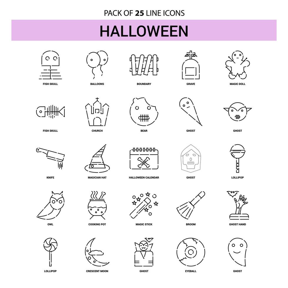 conjunto de iconos de línea de halloween 25 estilo de contorno discontinuo vector