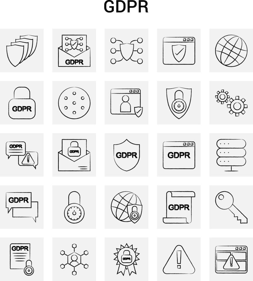 25 conjunto de iconos gdpr dibujados a mano fondo gris garabato vectorial vector