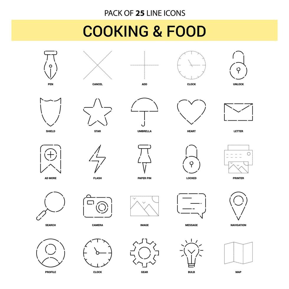 conjunto de iconos de línea de cocina y comida 25 estilo de contorno discontinuo vector