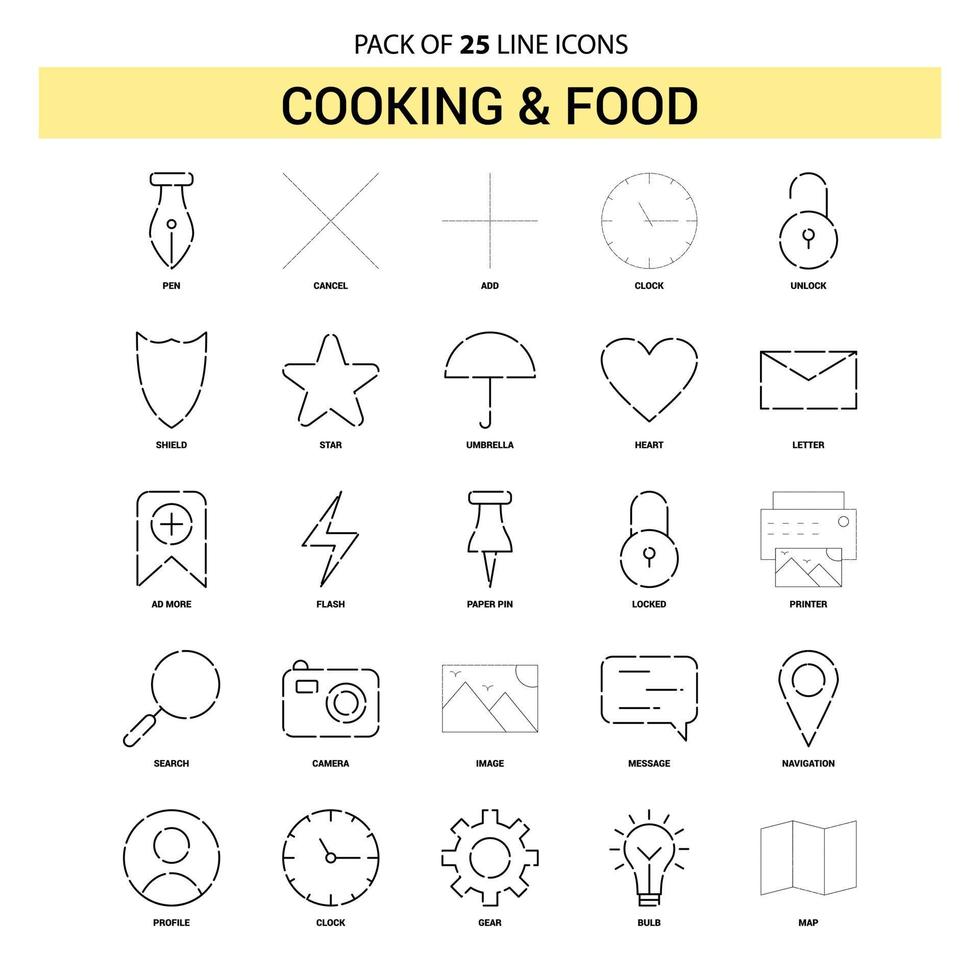 Cooking and Food Line Icon Set 25 Dashed Outline Style vector