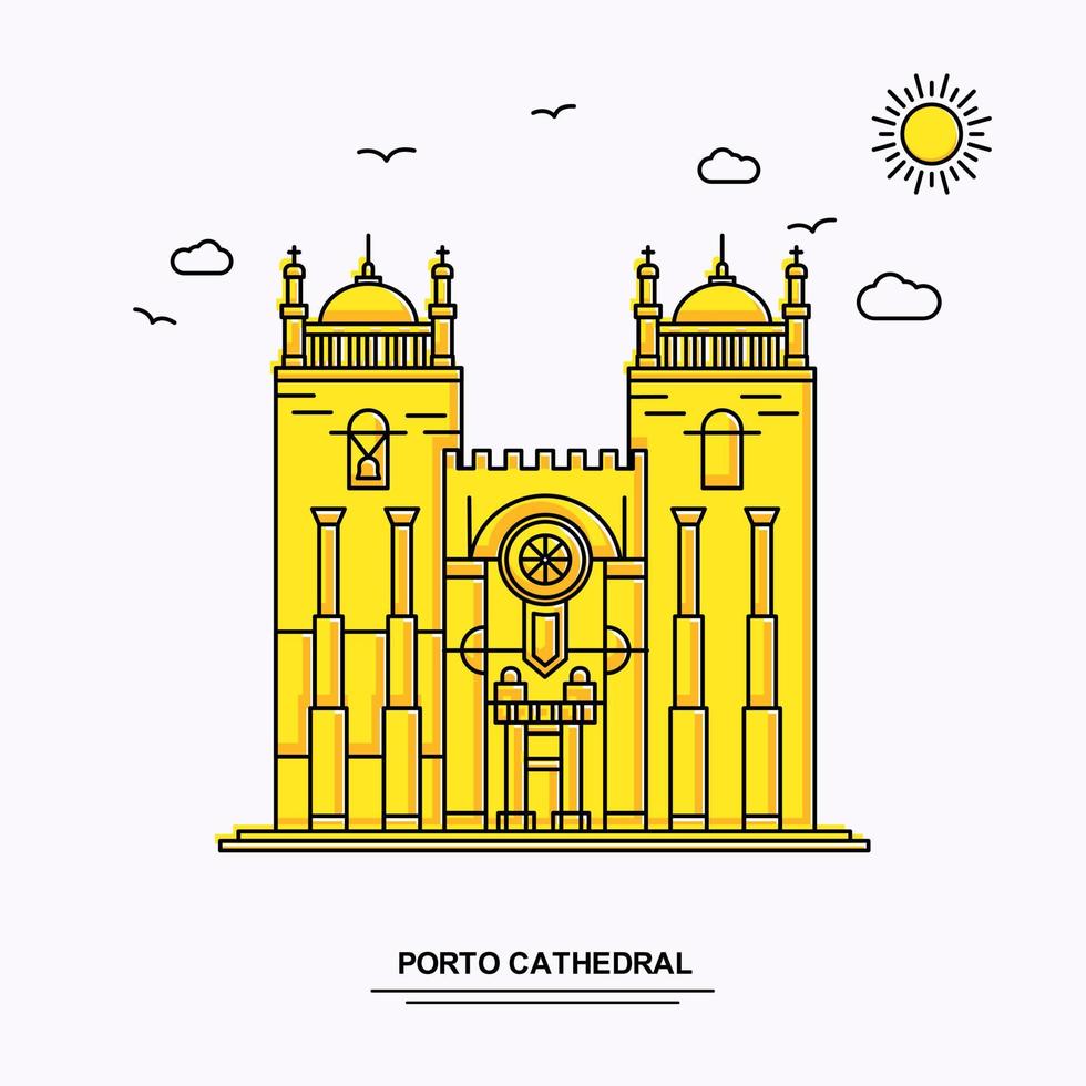 plantilla de póster del monumento de la catedral de porto fondo de ilustración amarilla de viaje mundial en estilo de línea con escena de la naturaleza de belleza vector