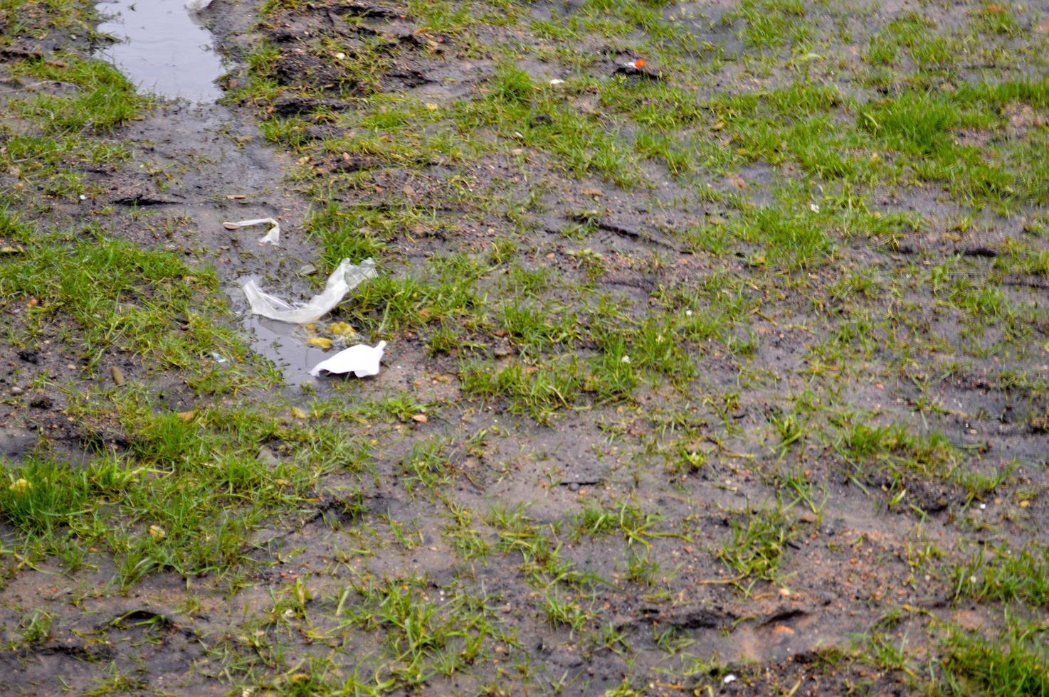 View of green ecologically clean green grass littered with garbage and plastic plastic bags. The background. Texture. Concept environmental pollution photo