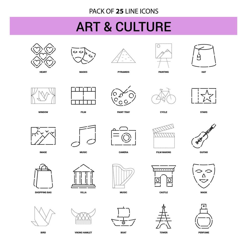 Art and Culture Line Icon Set 25 Dashed Outline Style vector