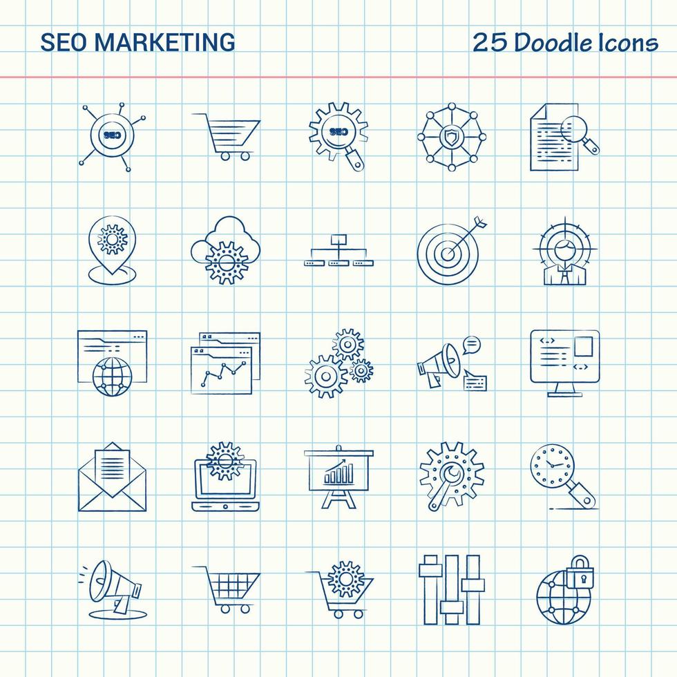 seo marketing 25 iconos de doodle conjunto de iconos de negocios dibujados a mano vector