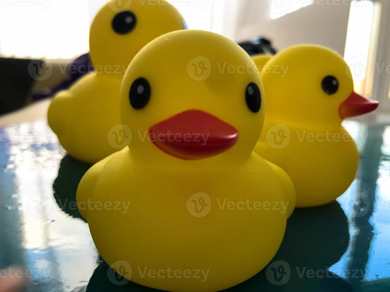 lindo pato de goma amarillo con un pico rojo brillante, hecho de material seguro y ambiental. juguete divertido para niños. juegos educativos de aprendizaje de natación útiles foto