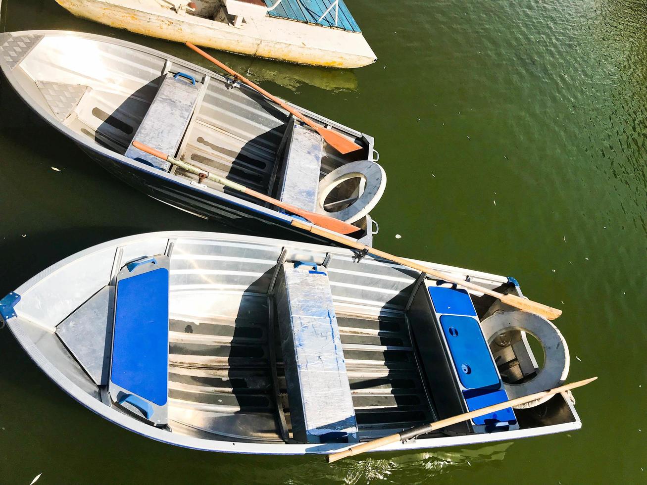 Boats and catamarans on a pond lake in a river canal with green flowered water are moored on the shore photo