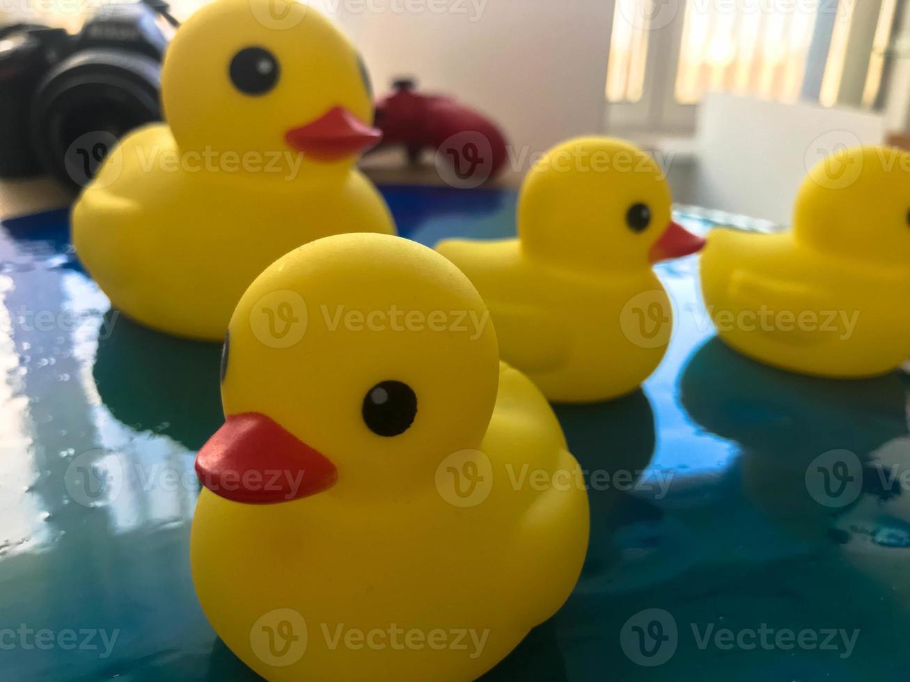 Los patos de goma amarillos se sientan sobre una superficie acuosa y brillante de resina epoxi azul. patos de ojos negros para nadar con niños en espuma blanca y en el baño. juguetes educativos foto