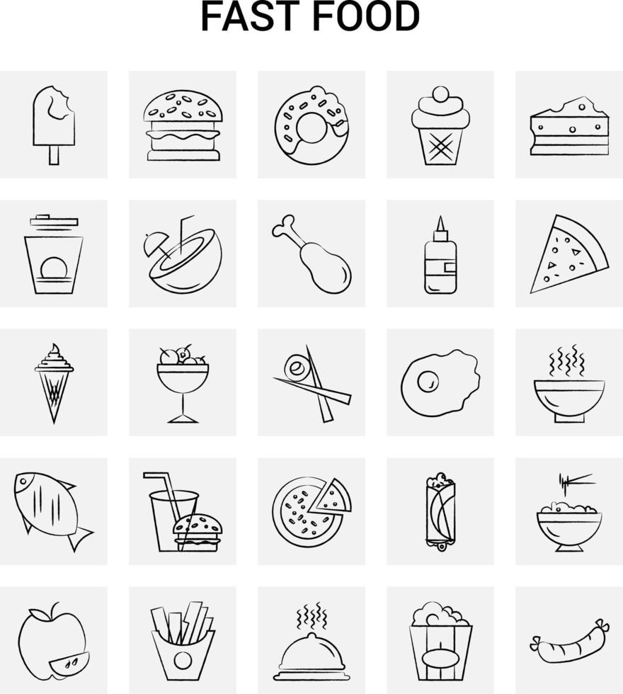 25 iconos de comida rápida dibujados a mano conjunto de garabatos vectoriales de fondo gris vector