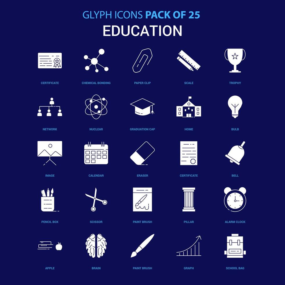 educación icono blanco sobre fondo azul paquete de 25 iconos vector