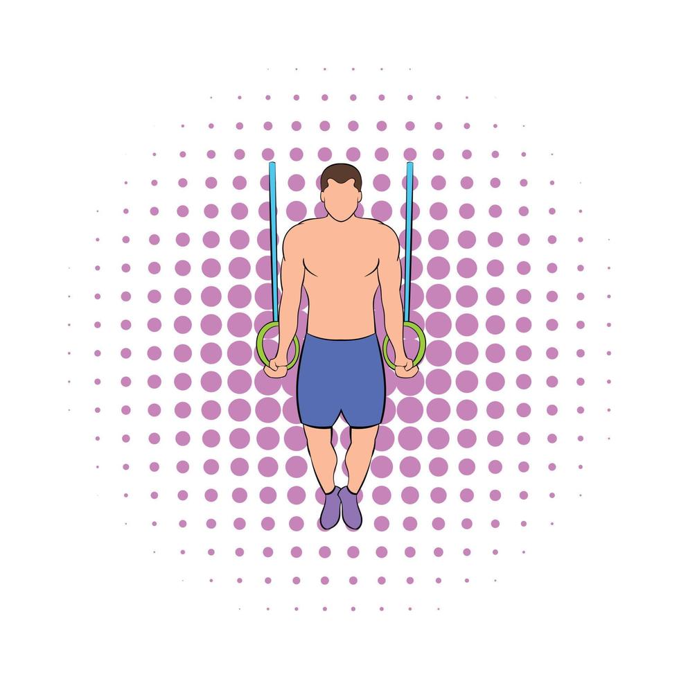 Man training on gymnastic rings icon, comics style vector