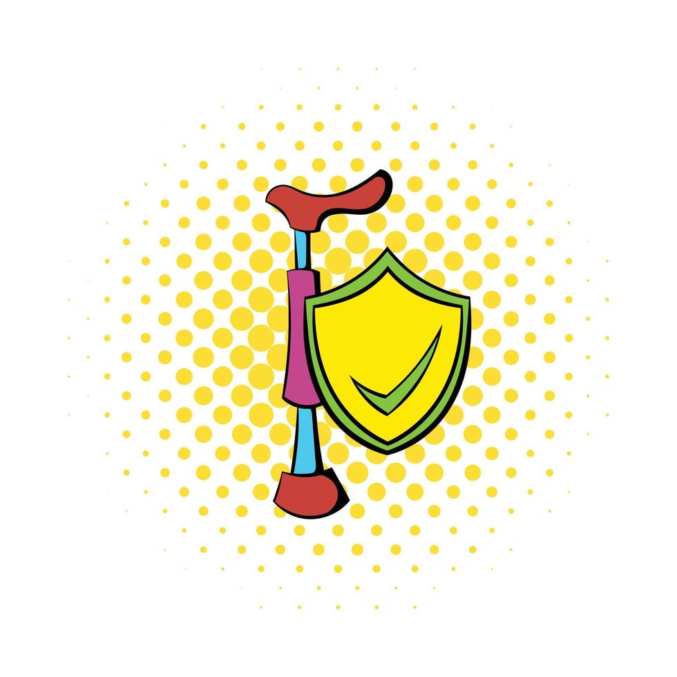 Crutch and shield with tick icon, comics style vector