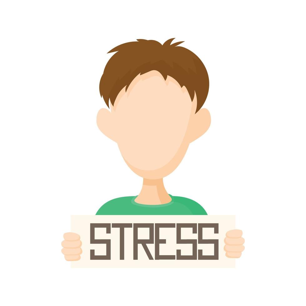 Man holding stress word poster icon, cartoon style vector