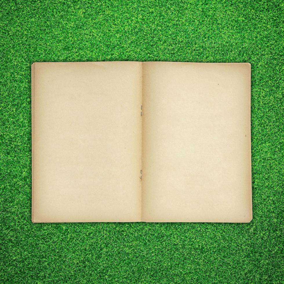 Old book open on green grass background photo