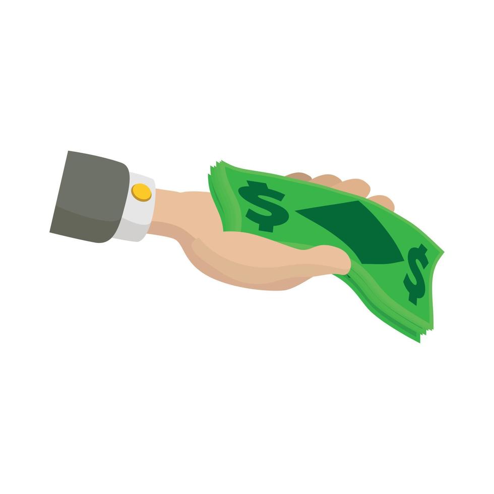 Hand holding dollar banknotes icon, cartoon style vector