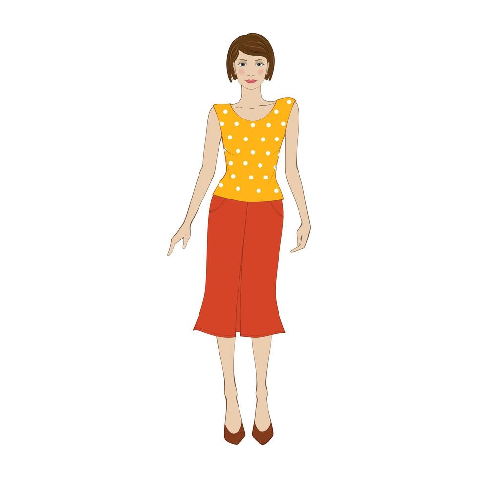 mujer en blusa amarilla y falda naranja icono plano vector