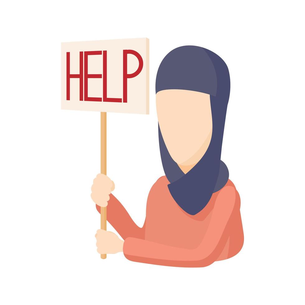 mujer en hijab con icono de signo de ayuda, estilo de dibujos animados vector